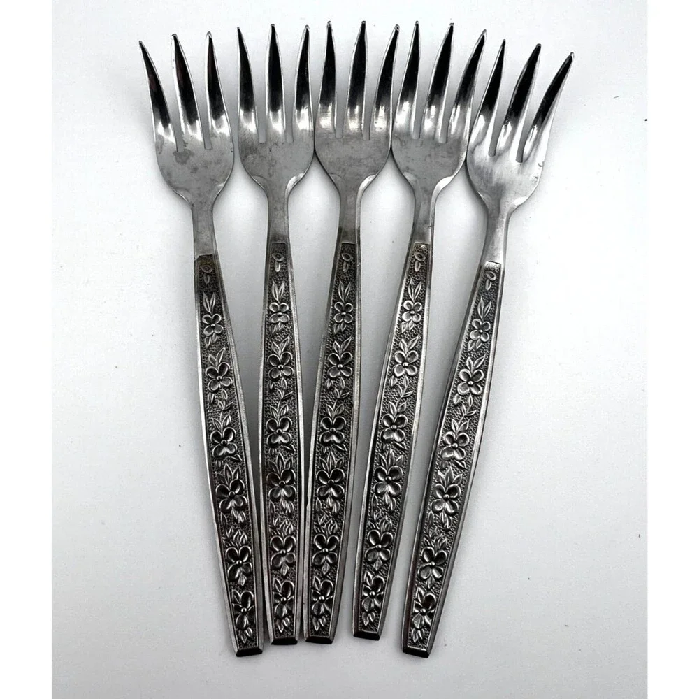 Vtg ROGERS Stainless 5pc Appetizer Hors D'oeuvre Seafood Forks Japan Floral